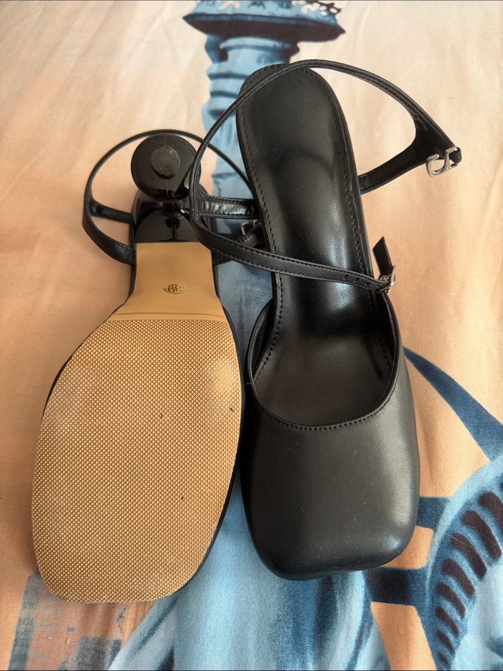 Black Square-Toe Ankle-Strap Heels — Women